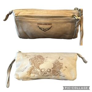 Zadig & Voltaire Beige Leather Skull & Roses Wristlet Clutch Pouch